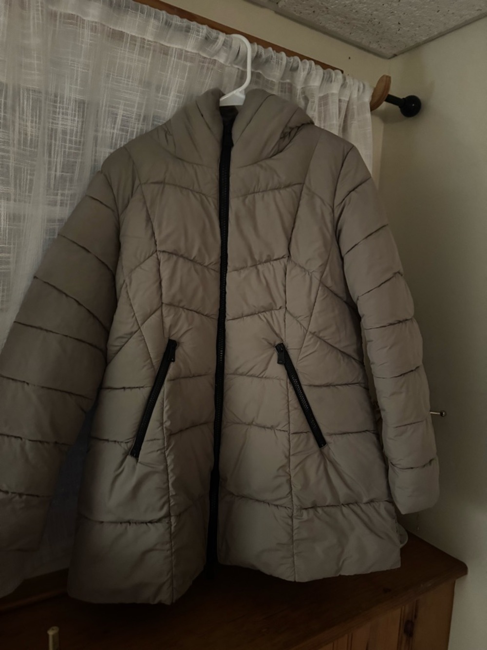 Bernardo Taupe Quilted Puffer Coat with Black Zippers